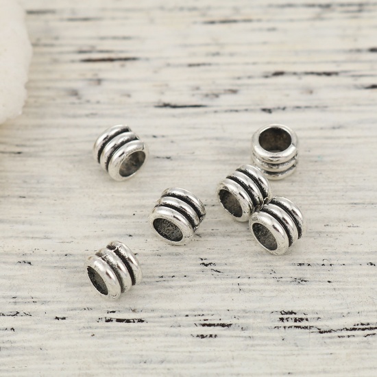 Picture of Zinc Based Alloy Spacer Beads Cylinder Antique Silver Stripe 6mm x 5mm, Hole: Approx 3.9mm, 200 PCs