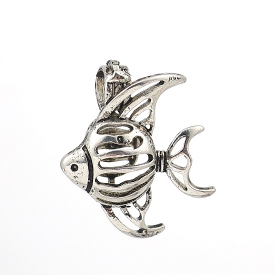 Bild von Kupfer Wunsch Perlenkäfig Schmuck Anhänger Fisch Antiksilber Zum Öffnen (Für Perlengröße: 8mm) 24mm x 21mm, 2 Stück