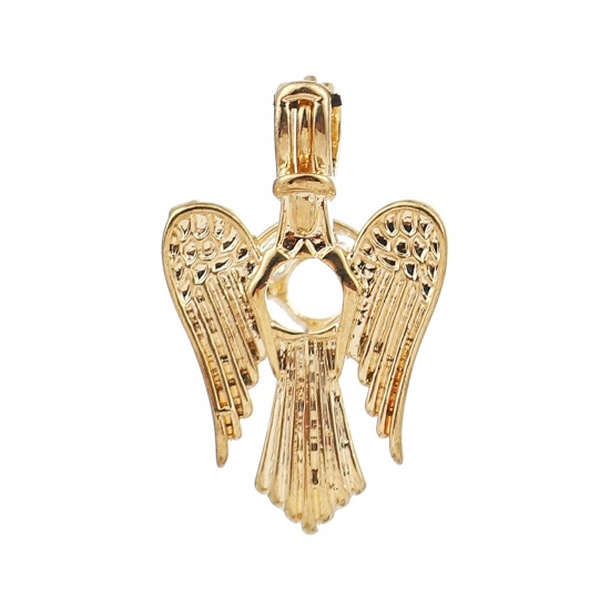 Bild von Kupfer Wunsch Perlenkäfig Schmuck Anhänger Engel Vergoldet Zum Öffnen (Für Perlengröße: 6mm) 29mm x 18mm, 2 Stück