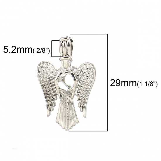 Bild von Kupfer Wunsch Perlenkäfig Schmuck Anhänger Engel Silberfarbe Zum Öffnen (Für Perlengröße: 6mm) 29mm x 18mm, 2 Stück