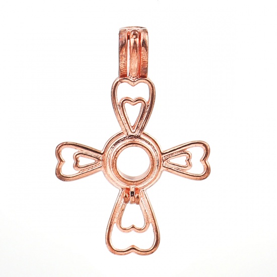 Picture of Copper Wish Pearl Locket Jewelry Pendants Cross Heart Rose Gold Can Open (Fit Bead Size: 6mm) 36mm(1 3/8") x 25mm(1"), 2 PCs