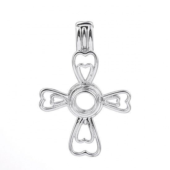 Imagen de Cobre Locket de Perlas Colgantes Cruz Corazón Tono de Plata Puede Abrir (Apta Cuenta: 6mm) 36mm x 25mm, 2 Unidades