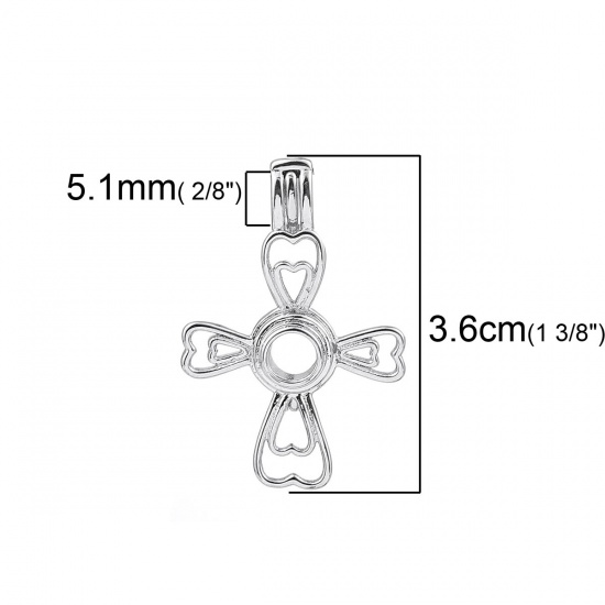Immagine di Rame Medaglione di Perla Puntale Gioielli Ciondoli Croce Cuore Tono Argento Possibile Aprire (la Dimensione delle Adatto Perla: 6mm) 36mm x 25mm, 2 Pz