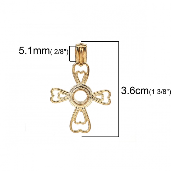 Immagine di Rame Medaglione di Perla Puntale Gioielli Ciondoli Croce Cuore Oro Placcato Possibile Aprire (la Dimensione delle Adatto Perla: 6mm) 36mm x 25mm, 2 Pz