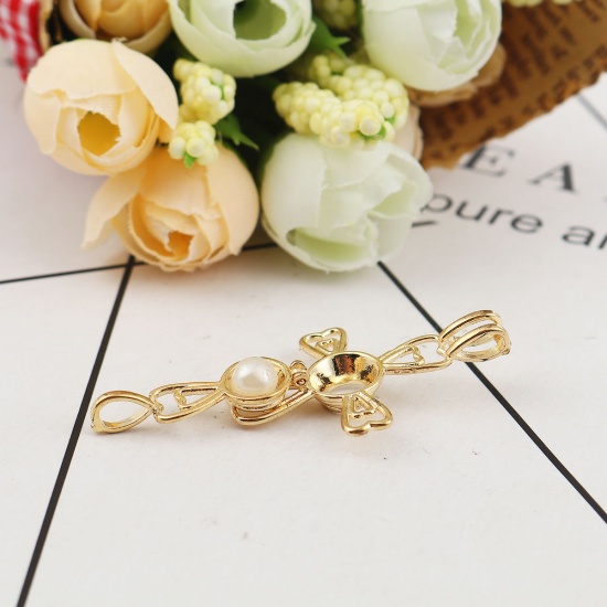 Picture of Brass Wish Pearl Locket Jewelry Pendants Cross Heart Gold Plated Can Open (Fit Bead Size: 6mm) 36mm(1 3/8") x 25mm(1"), 2 PCs