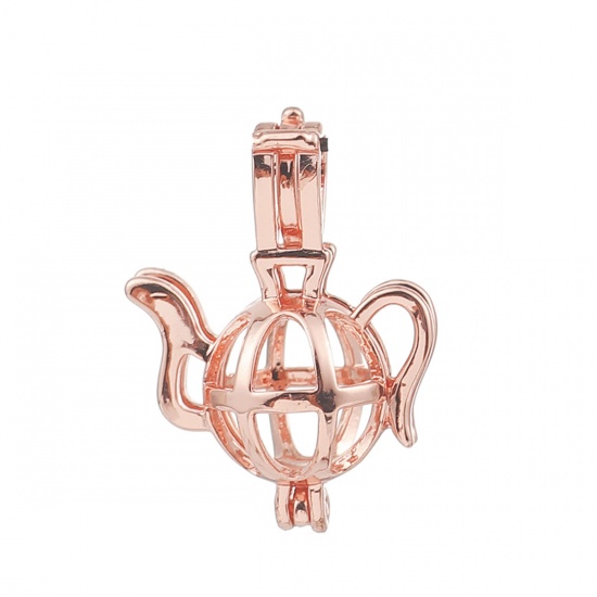 Picture of Copper Wish Pearl Locket Jewelry Pendants Teapot Rose Gold Can Open (Fit Bead Size: 6mm) 22mm( 7/8") x 16mm( 5/8"), 2 PCs