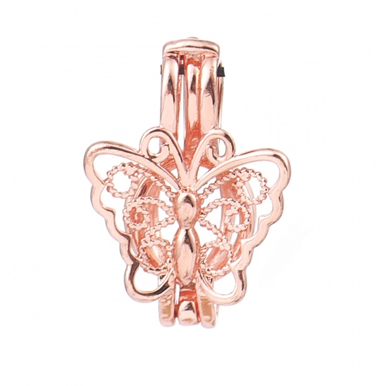 Imagen de Cobre Locket de Perlas Colgantes Mariposa Oro Rosa Puede Abrir (Apta Cuenta: 6mm) 21mm x 15mm, 2 Unidades