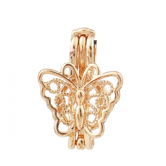 Immagine di Rame Medaglione di Perla Puntale Gioielli Ciondoli Farfalla Oro Placcato Possibile Aprire (la Dimensione delle Adatto Perla: 6mm) 21mm x 15mm, 2 Pz