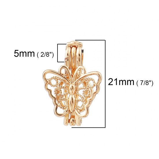 Picture of Copper Wish Pearl Locket Jewelry Pendants Butterfly Animal Gold Plated Can Open (Fit Bead Size: 6mm) 21mm( 7/8") x 15mm( 5/8"), 2 PCs