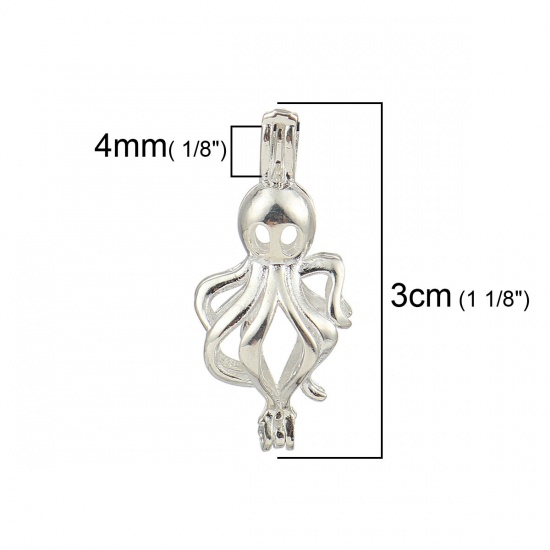 Picture of Copper Wish Pearl Locket Jewelry Pendants Octopus Silver Plated Can Open (Fit Bead Size: 8mm) 30mm(1 1/8") x 14mm( 4/8"), 2 PCs