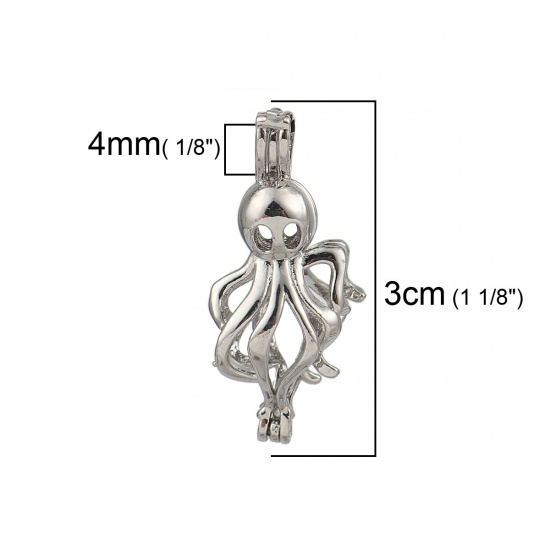 Picture of Copper Wish Pearl Locket Jewelry Pendants Octopus Silver Tone Can Open (Fit Bead Size: 8mm) 30mm(1 1/8") x 14mm( 4/8"), 2 PCs