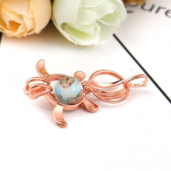 Picture of Copper Wish Pearl Locket Jewelry Pendants Sea Turtle Animal Rose Gold Can Open (Fit Bead Size: 8mm) 25mm(1") x 22mm( 7/8"), 2 PCs