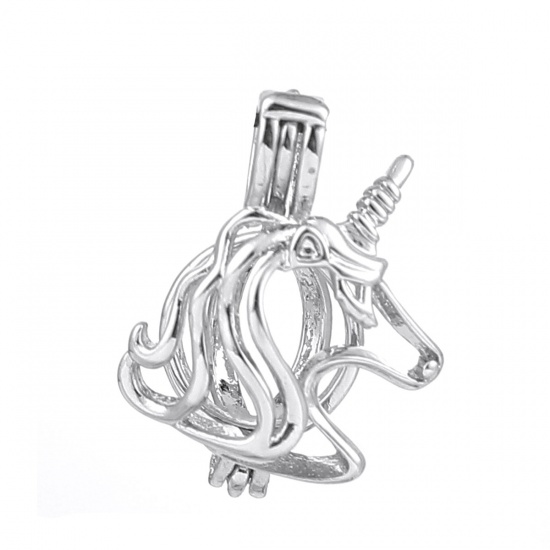 Immagine di Rame Medaglione di Perla Puntale Gioielli Ciondoli Cavallo Tono Argento Possibile Aprire (la Dimensione delle Adatto Perla: 6mm) 20mm x 15mm, 2 Pz