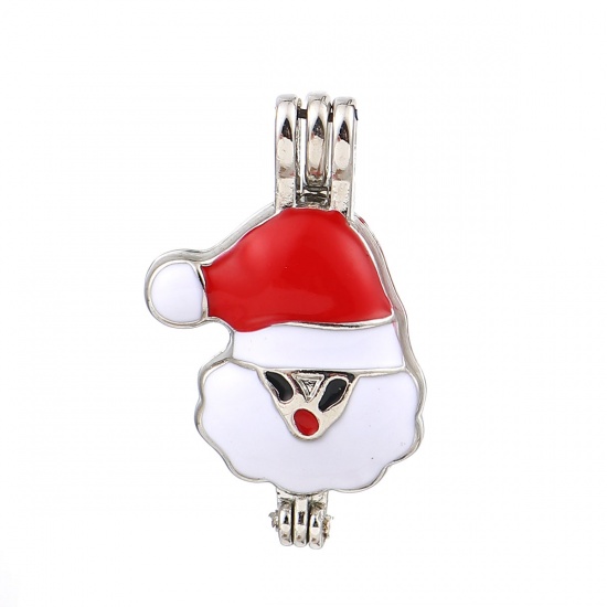 Picture of Zinc Based Alloy Wish Pearl Locket Jewelry Pendants Christmas Santa Claus Silver Tone White & Red Enamel Can Open (Fit Bead Size: 8mm) 33mm(1 2/8") x 20mm( 6/8"), 2 PCs