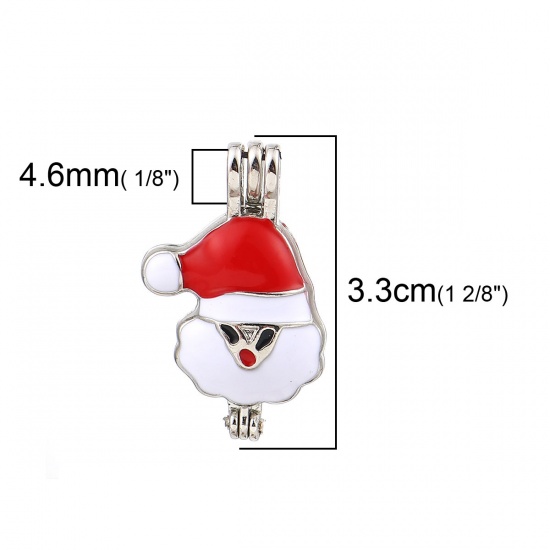 Picture of Zinc Based Alloy Wish Pearl Locket Jewelry Pendants Christmas Santa Claus Silver Tone White & Red Enamel Can Open (Fit Bead Size: 8mm) 33mm(1 2/8") x 20mm( 6/8"), 2 PCs