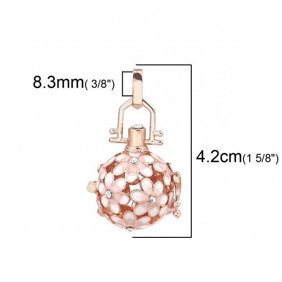 Picture of Copper Pendants Mexican Angel Caller Bola Harmony Ball Wish Box Locket Flower Rose Gold Pink Enamel Clear Rhinestone Can Open (Fits 14mm Beads) 42mm(1 5/8") x 25mm(1"), 1 Piece