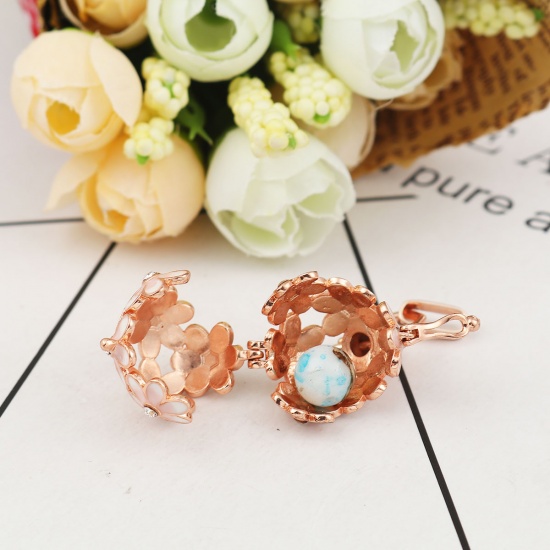 Picture of Copper Pendants Mexican Angel Caller Bola Harmony Ball Wish Box Locket Flower Rose Gold Pink Enamel Clear Rhinestone Can Open (Fits 14mm Beads) 42mm(1 5/8") x 25mm(1"), 1 Piece