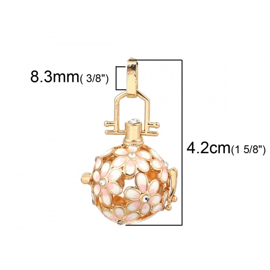 Picture of Copper Pendants Mexican Angel Caller Bola Harmony Ball Wish Box Locket Flower Gold Plated Pink Enamel Clear Rhinestone Can Open (Fits 14mm Beads) 42mm(1 5/8") x 25mm(1"), 1 Piece
