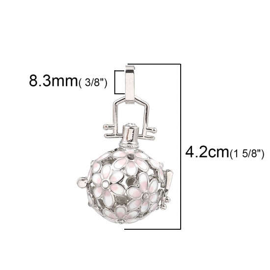 Picture of Copper Pendants Mexican Angel Caller Bola Harmony Ball Wish Box Locket Flower Silver Tone Pink Enamel Clear Rhinestone Can Open (Fits 14mm Beads) 42mm(1 5/8") x 25mm(1"), 1 Piece