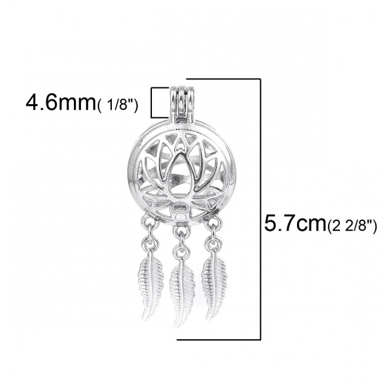 Picture of Zinc Based Alloy Wish Pearl Locket Jewelry Pendants Lotus Flower Dreamcatcher Silver Tone Can Open (Fit Bead Size: 14mm) 57mm x 23mm, 2 PCs