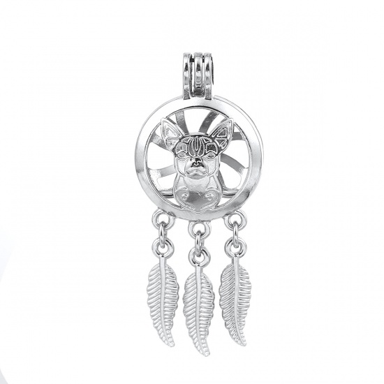 Picture of Zinc Based Alloy Wish Pearl Locket Jewelry Pendants Chihuahua Dog Dreamcatcher Silver Tone Can Open (Fit Bead Size: 8mm) 55mm(2 1/8") x 23mm( 7/8"), 2 PCs