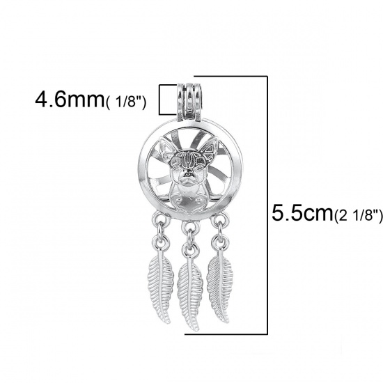 Picture of Zinc Based Alloy Wish Pearl Locket Jewelry Pendants Chihuahua Dog Dreamcatcher Silver Tone Can Open (Fit Bead Size: 8mm) 55mm(2 1/8") x 23mm( 7/8"), 2 PCs
