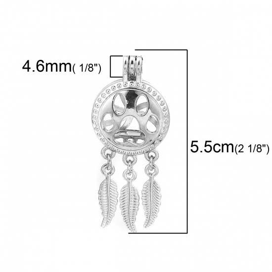 Picture of Zinc Based Alloy Wish Pearl Locket Jewelry Pendants Dog's Paw Dreamcatcher Silver Tone Can Open (Fit Bead Size: 8mm) 55mm(2 1/8") x 23mm( 7/8"), 2 PCs