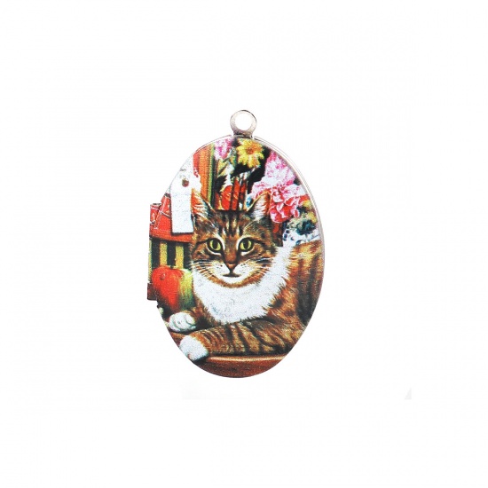 Picture of Zinc Based Alloy Picture Photo Locket Frame Pendents Oval Cat Silver Tone Multicolor Can Open (Fits 29mmx18mm) 42mm(1 5/8") x 27mm(1 1/8"), 1 Piece