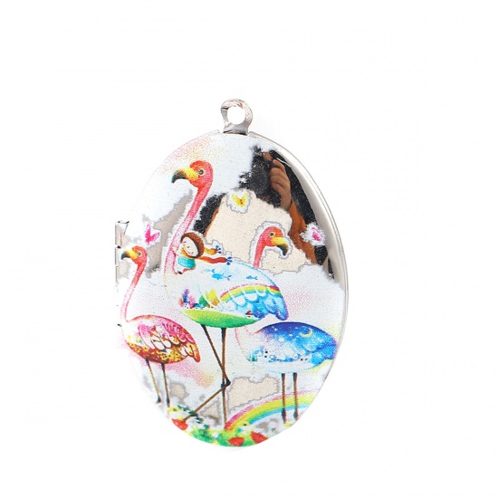 Bild von Zinklegierung Fotorahmen Medaillion Anhänger Oval Flamingo Silberfarbe Bunt Zum Öffnen (Für 29mmx18mm) 42mm x 27mm, 1 Stück