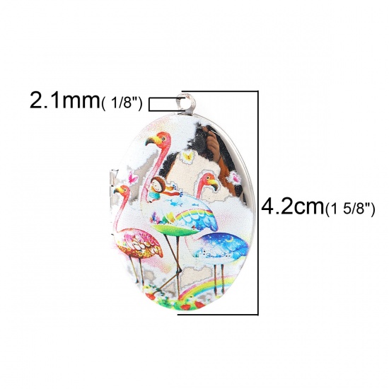 Picture of Zinc Based Alloy Picture Photo Locket Frame Pendents Oval Flamingo Silver Tone Multicolor Can Open (Fits 29mmx18mm) 42mm(1 5/8") x 27mm(1 1/8"), 1 Piece