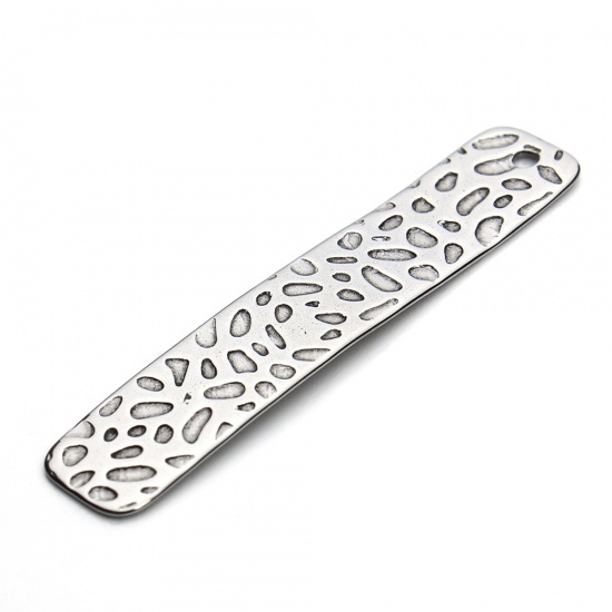 Picture of Stainless Steel Pendants Rectangle Silver Tone Carved 4.2cm(1 5/8") x 0.8cm( 3/8"), 1 Packet(10 PCs)
