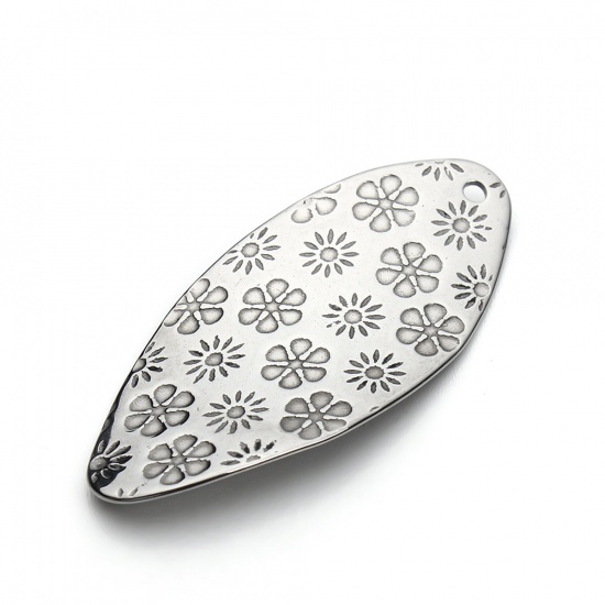 Picture of Stainless Steel Pendants Marquise Silver Tone Flower Carved 3.7cm(1 4/8") x 1.7cm( 5/8"), 1 Packet(10 PCs)