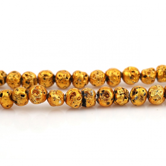 Bild von Lavagestein （ Elektroplattiert ） Perlen Rund Gelb ca. 7mm D. - 6mm D., Loch:ca. 0.7mm, 38.5cm lang, 1 Strang (ca. 62 Stück/Strang)