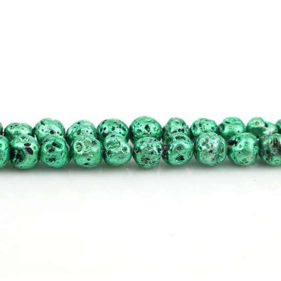 Picture of Lava Rock ( Electroplate ) Beads Round Green About 7mm( 2/8") Dia. - 6mm( 2/8") Dia., Hole: Approx 0.7mm, 38.5cm(15 1/8") long, 1 Strand (Approx 62 PCs/Strand)