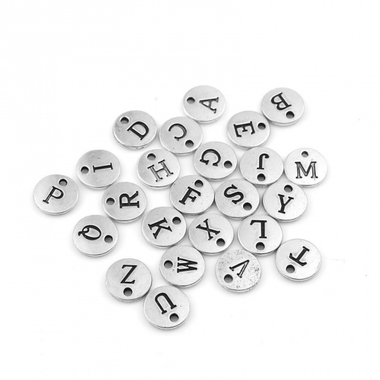 Picture of Zinc Based Alloy Charms Round Antique Silver Color Mixed Initial Alphabet/ Letter " A-Z " 12mm( 4/8") Dia, 1 Set ( 26 PCs/Set)