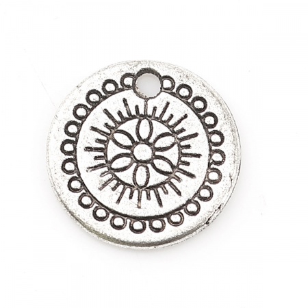 Zinc Based Alloy Charms Round Antique Silver Carved 14mm( 4/8") Dia, 50 PCs