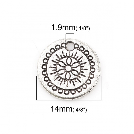 Image de Breloques en Alliage de Zinc Rond Fleurs Argent Vieilli 14mm Dia, 50 Pcs