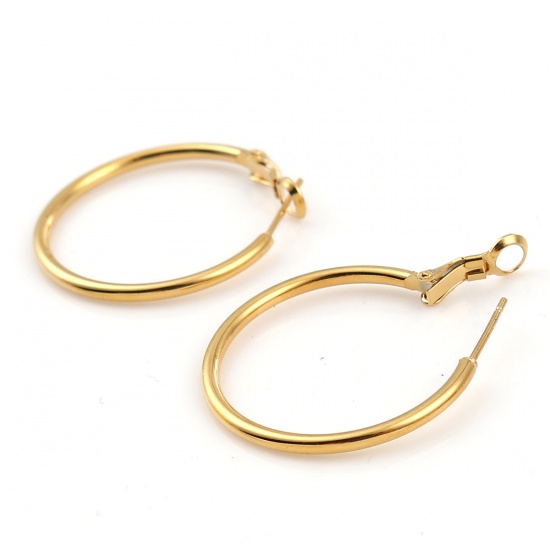 Picture of 316 Stainless Steel Hoop Earrings Gold Plated Round 30mm(1 1/8") Dia., Post/ Wire Size: (20 gauge), 1 Pair”