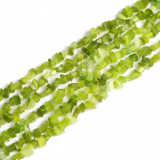 Picture of Cat's Eye Glass ( Synthetic ) Beads Irregular Grass Green About 11mm x6mm( 3/8" x 2/8") - 4mm x3mm( 1/8" x 1/8"), Hole: Approx 0.6mm, 85cm(33 4/8") - 83cm(32 5/8") long, 1 Strand (Approx 240 - 220 PCs/Strand)