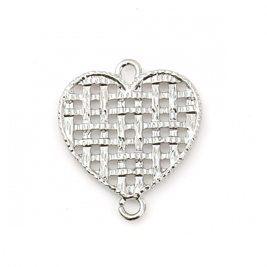 Bild von Zinklegierung Verbinder Herz Silberfarbe mit Gitter Muster 23mm x 20mm, 10 Stück