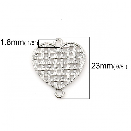 Bild von Zinklegierung Verbinder Herz Silberfarbe mit Gitter Muster 23mm x 20mm, 10 Stück