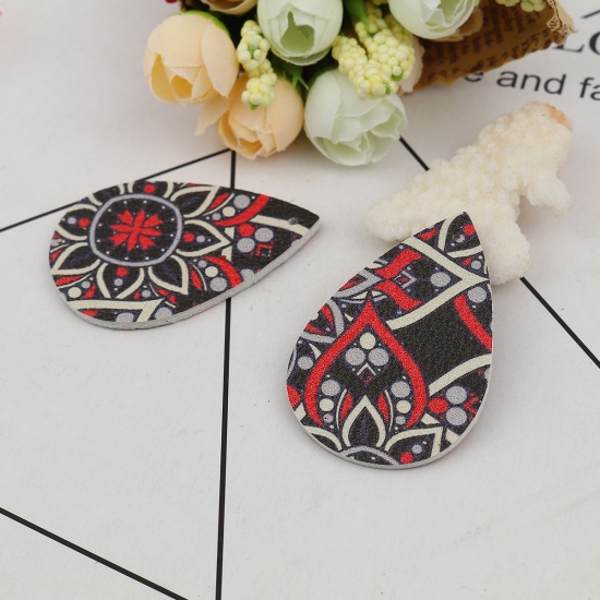 Picture of PU Leather Pendants Drop At Random Black Flower 56mm(2 2/8") x 37mm(1 4/8"), 10 PCs