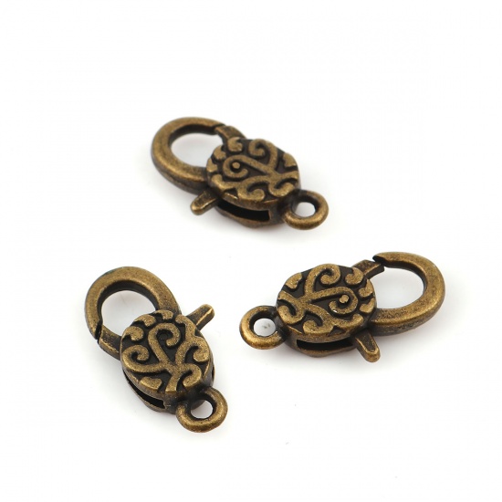 Picture of Zinc Based Alloy Lobster Clasp Findings Antique Bronze Carved Pattern 30mm x 16mm, 5 PCs