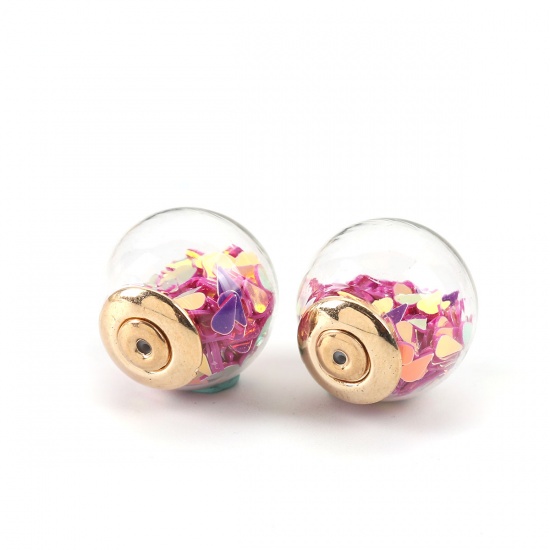 Picture of Glass Ear Nuts Post Stopper Earring Findings Ball Gold Plated Fuchsia AB Color Sequins 16mm, 10 PCs
