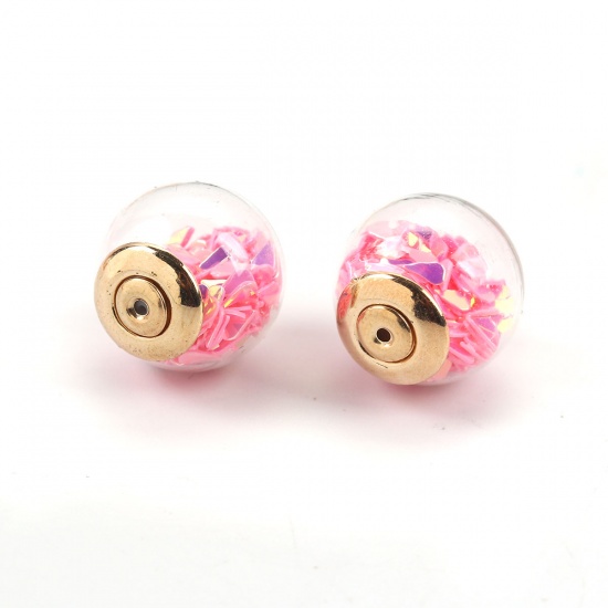 Picture of Glass Ear Nuts Post Stopper Earring Findings Ball Gold Plated Pink AB Color Sequins 16mm, 10 PCs