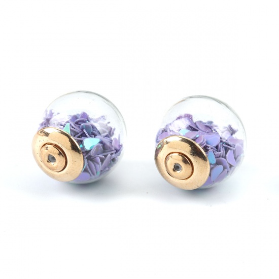 Picture of Glass Ear Nuts Post Stopper Earring Findings Ball Gold Plated Mauve AB Color Sequins 16mm, 10 PCs