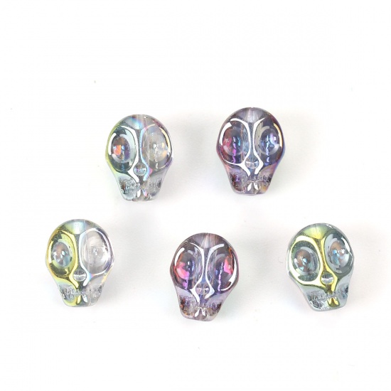 Picture of Glass Beads Skull Transparent Clear AB Rainbow Color About 10mm x 8mm, Hole: Approx 1.2mm, 1 Packet (Approx 40 PCs/Packet)