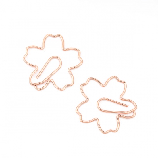 Picture of Stainless Steel Bookmark Rose Gold Paper Clip Sakura Flower 29mm(1 1/8") x 28mm(1 1/8"), 5 PCs