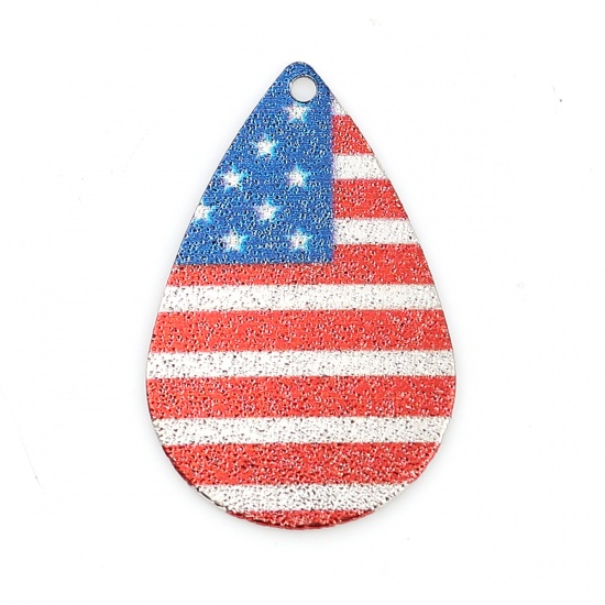 Picture of Zinc Based Alloy Enamel Painting Charms Drop Silver Tone Red & Blue Flag Of The United States Sparkledust 28mm x 18mm, 10 PCs