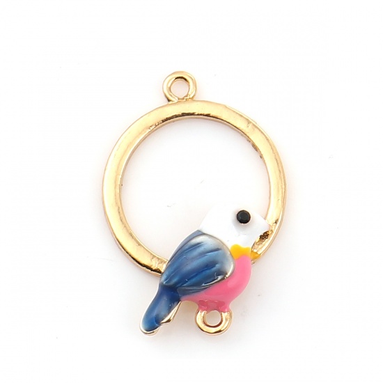 Picture of Zinc Based Alloy Connectors Circle Ring Gold Plated Blue Bird Enamel 25mm x 17mm, 5 PCs